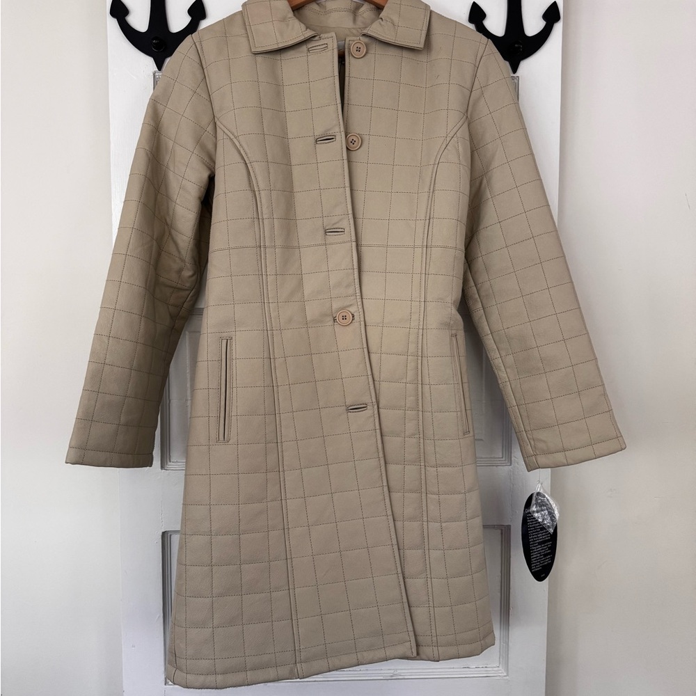 Classic Beige Quilted 100% Leather Coat - Women's Long Jacket